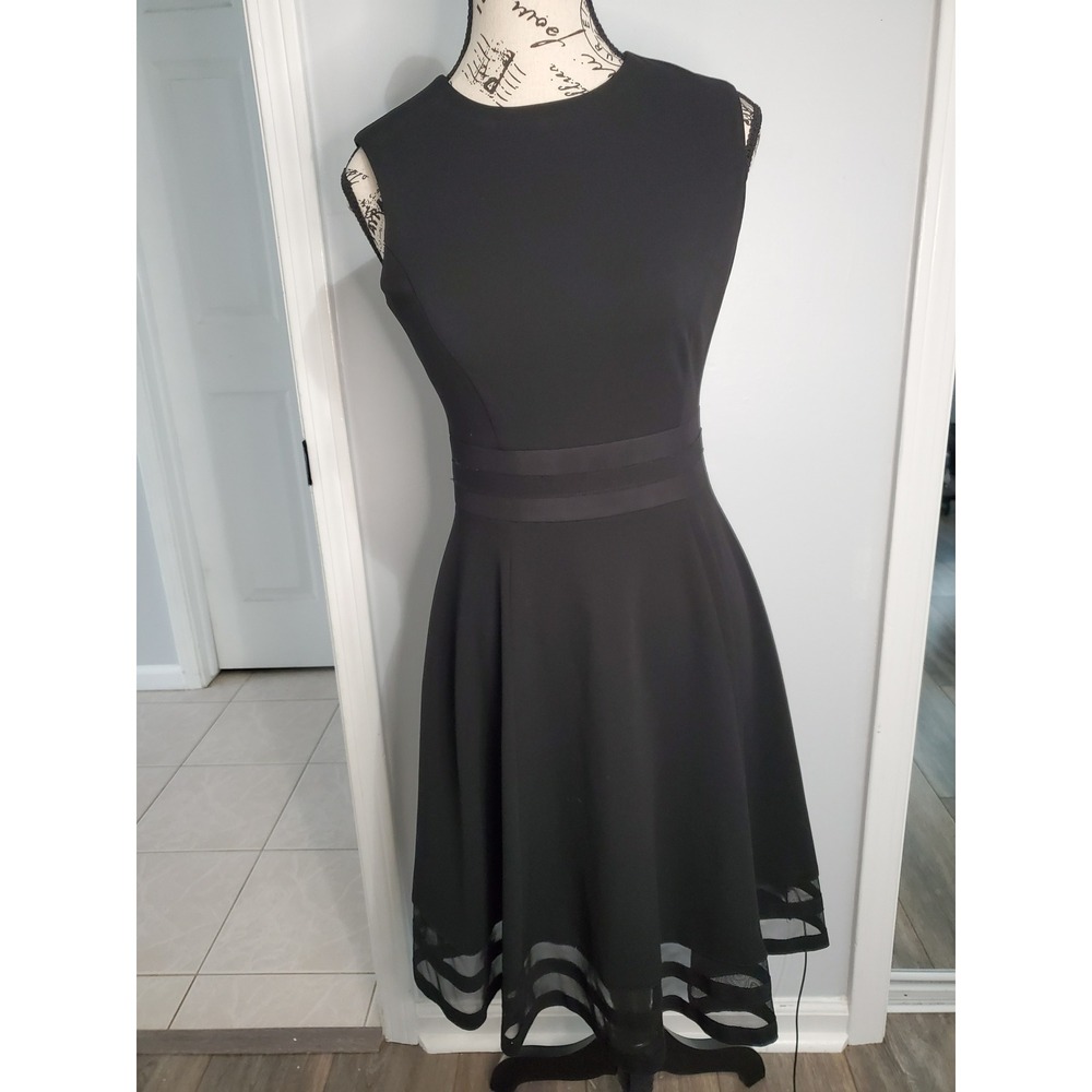 Calvin Klein Black Sleeveless Mesh Stripe Hem Fit & Flare Dress Size 2